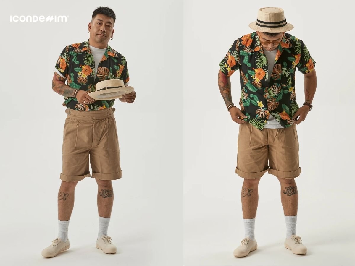 Phối áo sơ mi Hawaii đi cùng quần short kaki, giày sneakers