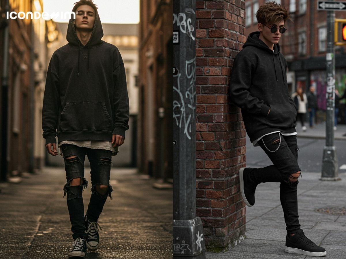Mix and match áo hoodie và quần jean rách