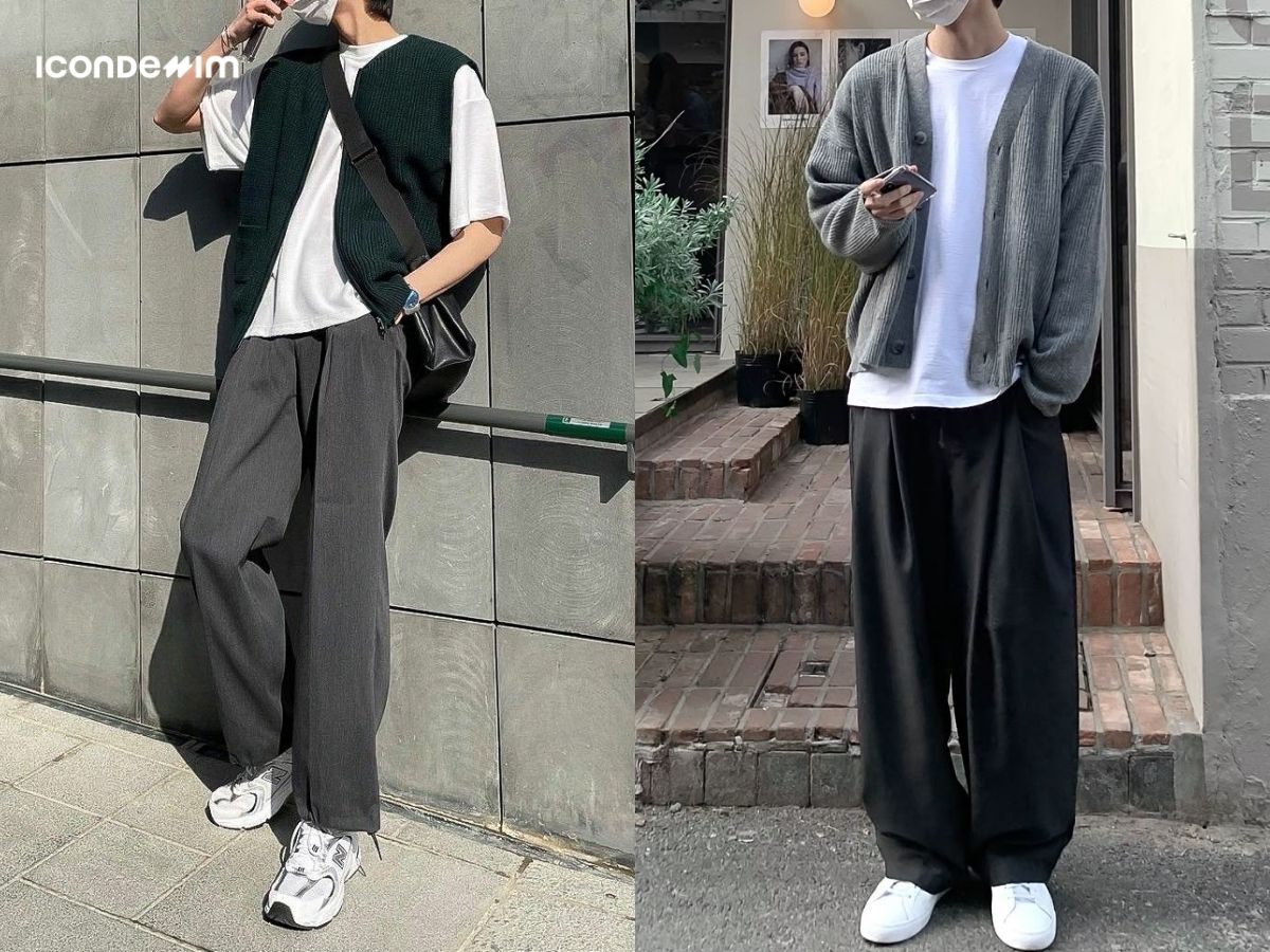 Áo Cardigan phối với quần ống rộng