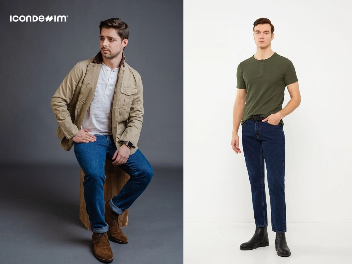 Áo henley, quần jeans và giày boots da