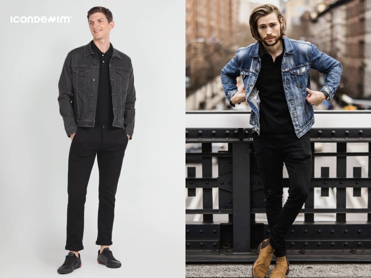 Áo polo đen với áo khoác denim