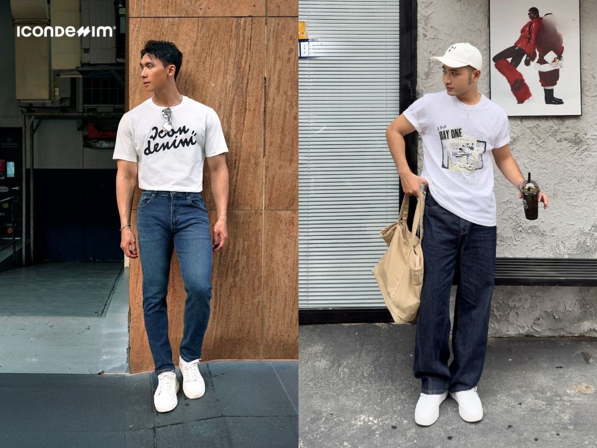 Áo thun trắng và quần jeans xanh đậm