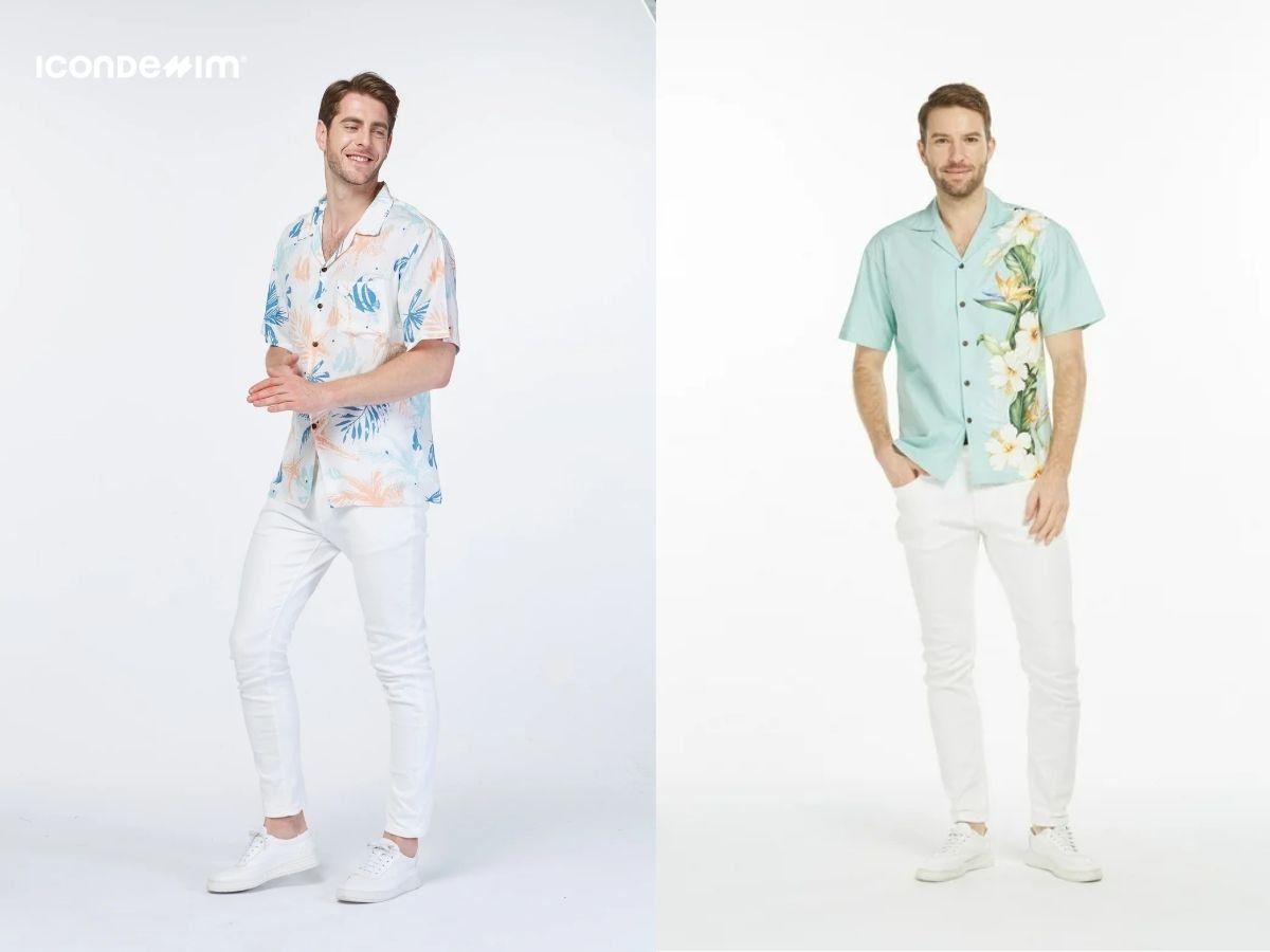 Áo sơ mi Hawaii quần jeans trắng