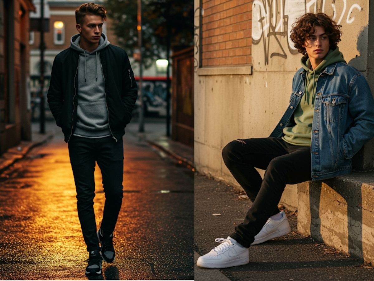 Layer đường phố với áo hoodie và quần jean