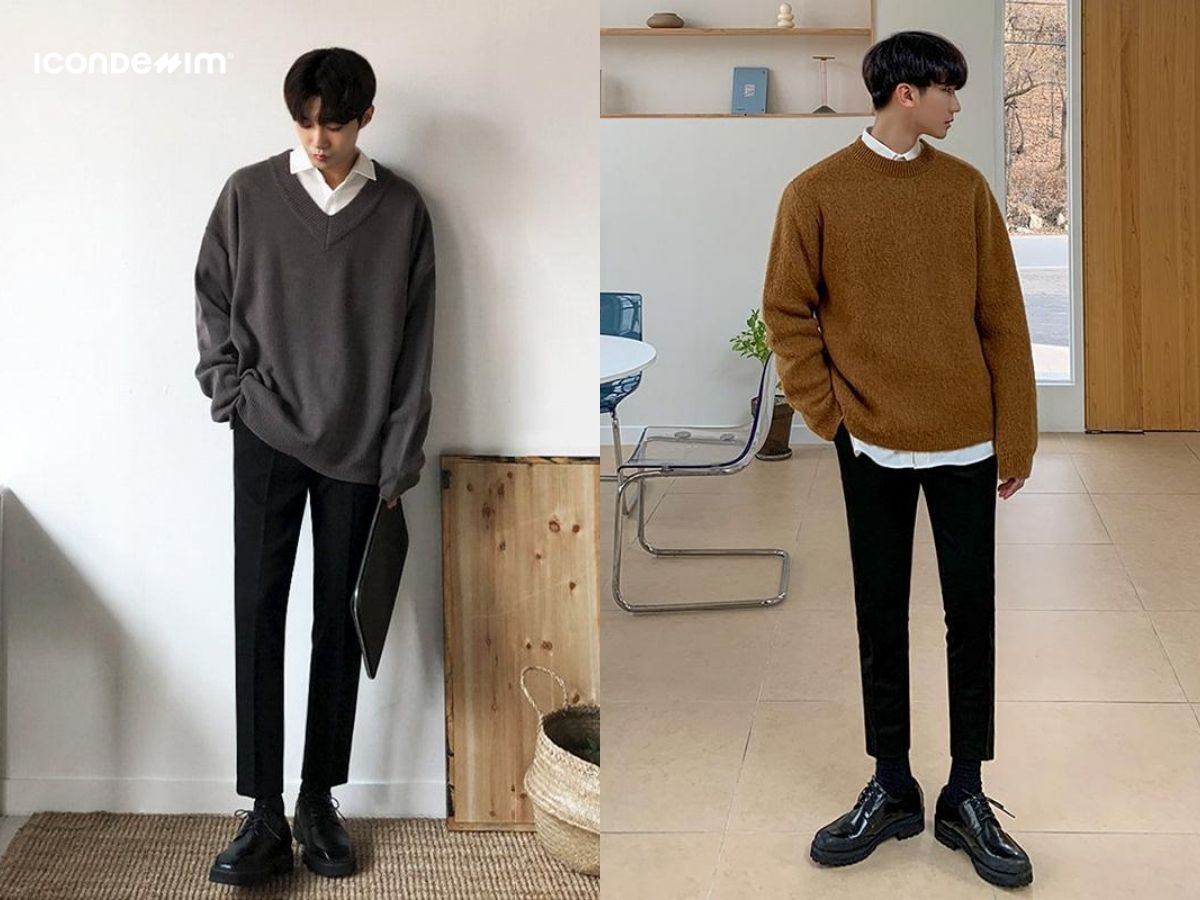 Quần tây nam Hàn Quốc và áo sweater, sơ mi layering
