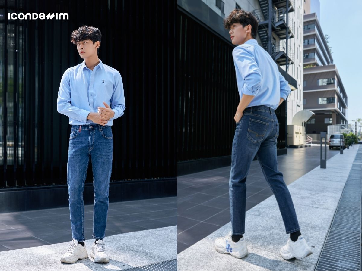 Phối quần jean và áo sơ mi đóng thùng
