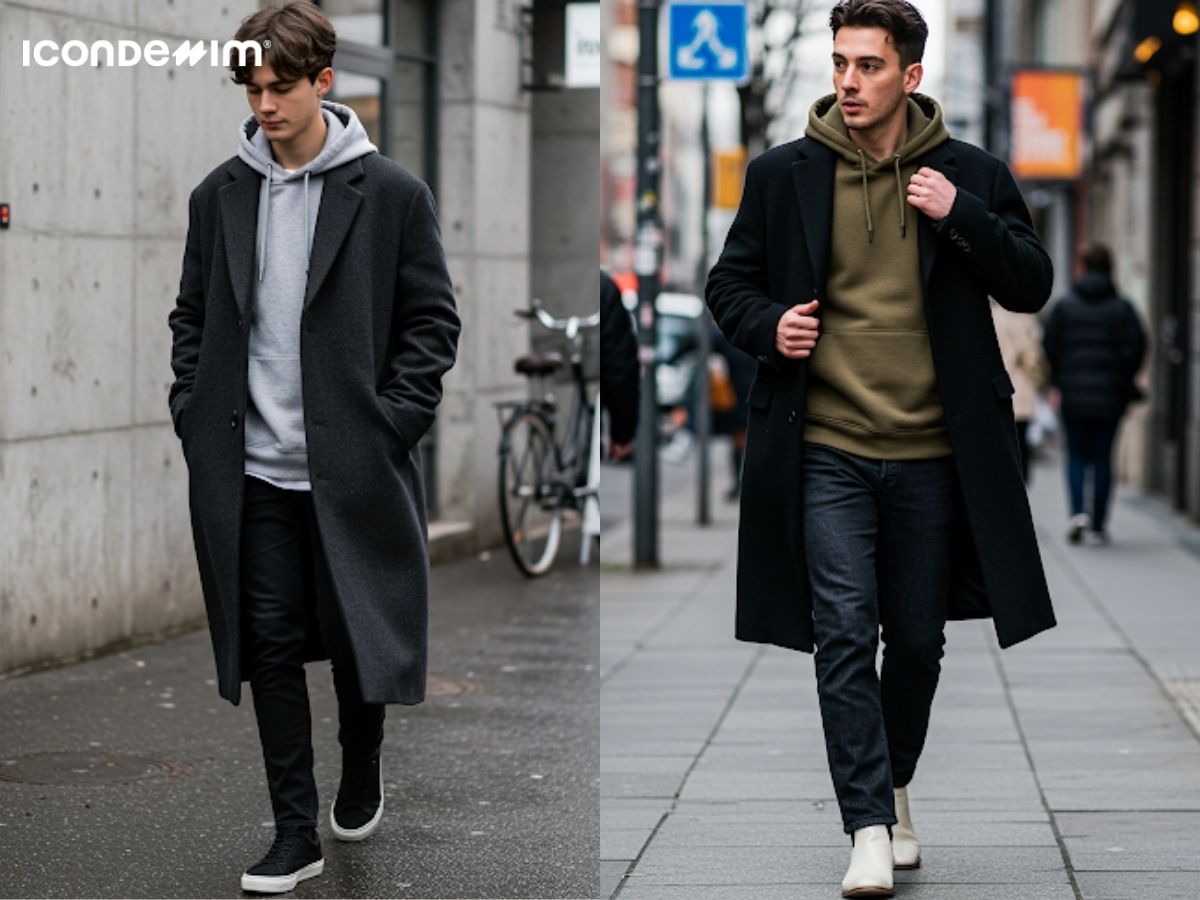 Mix áo hoodie, áo khoác dáng dài và quần jean