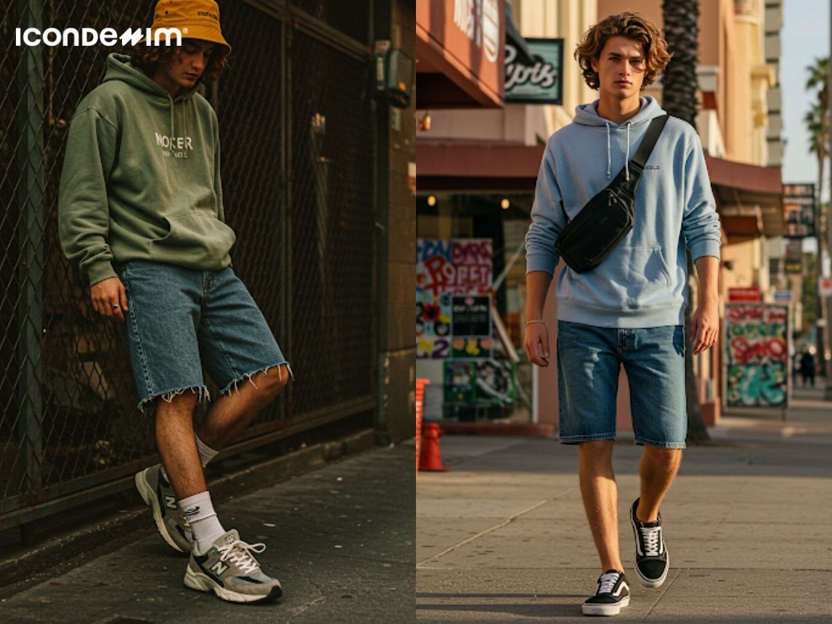 Mặc quần jean bermuda và áo hoodie
