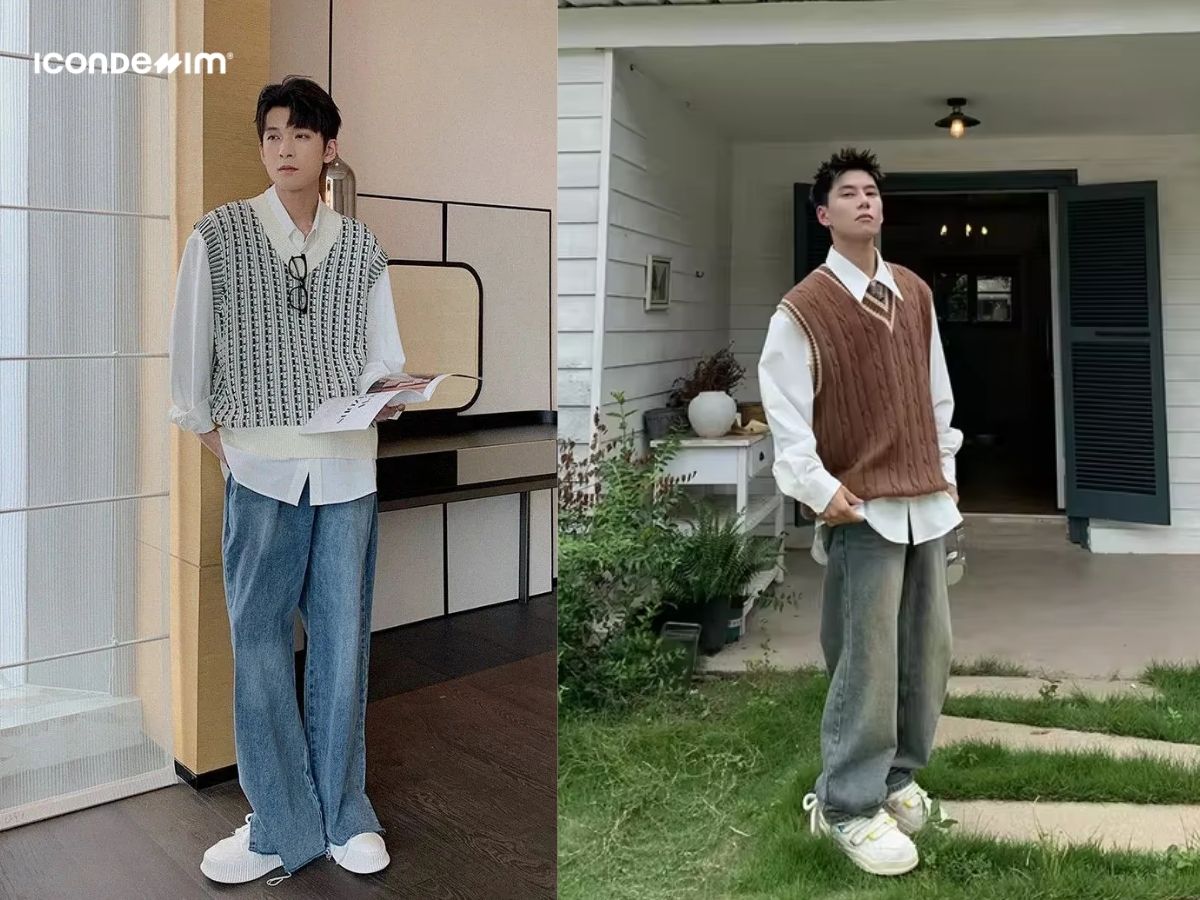 Áo sơ mi trắng, áo gile cùng với quần jeans