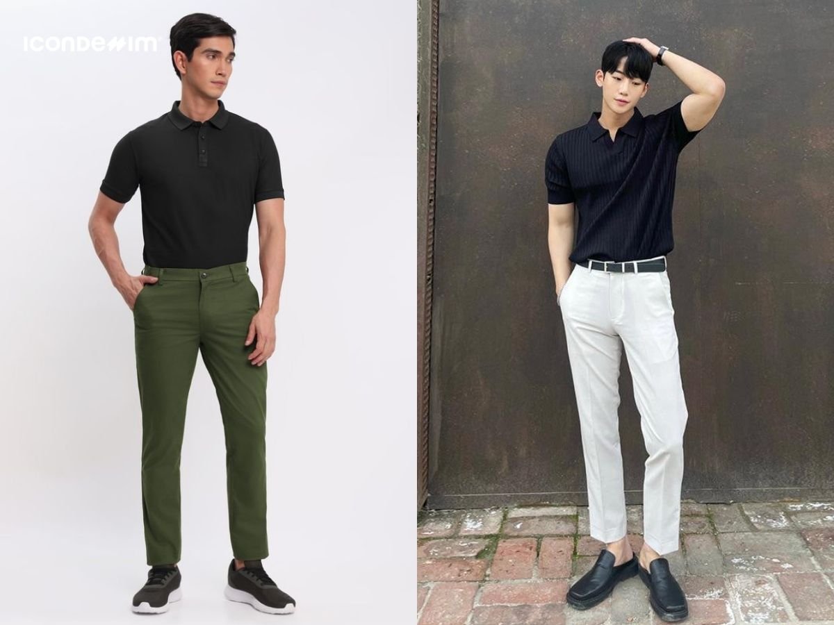 Mix áo polo đen và quần chinos