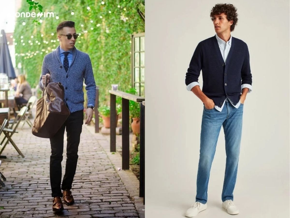 Áo cardigan, áo sơ mi hoặc áo thun và quần jeans