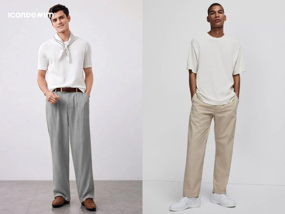 Phối quần ống rộng với áo thun oversize cho nam lùn và gầy