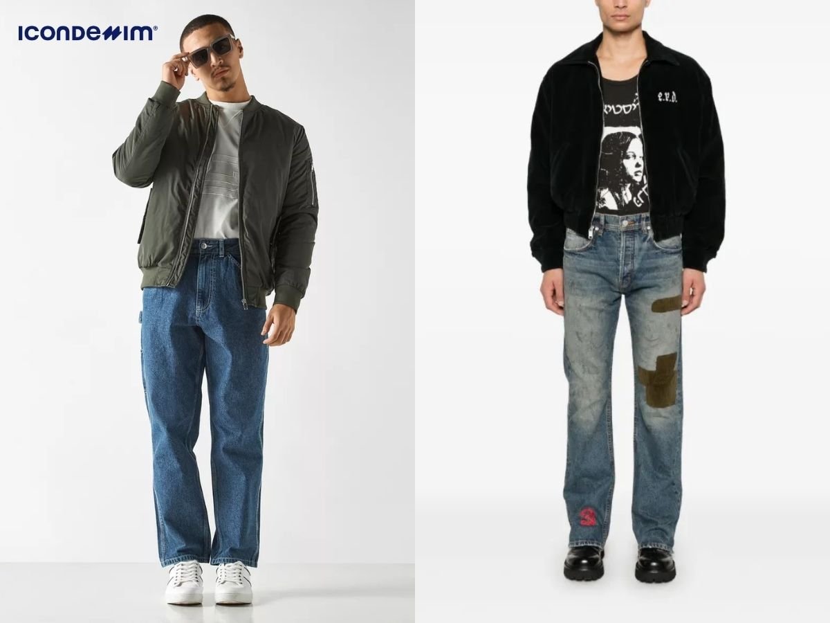 Outfit áo bomber phối với quần jean ống rộng cho nam lùn