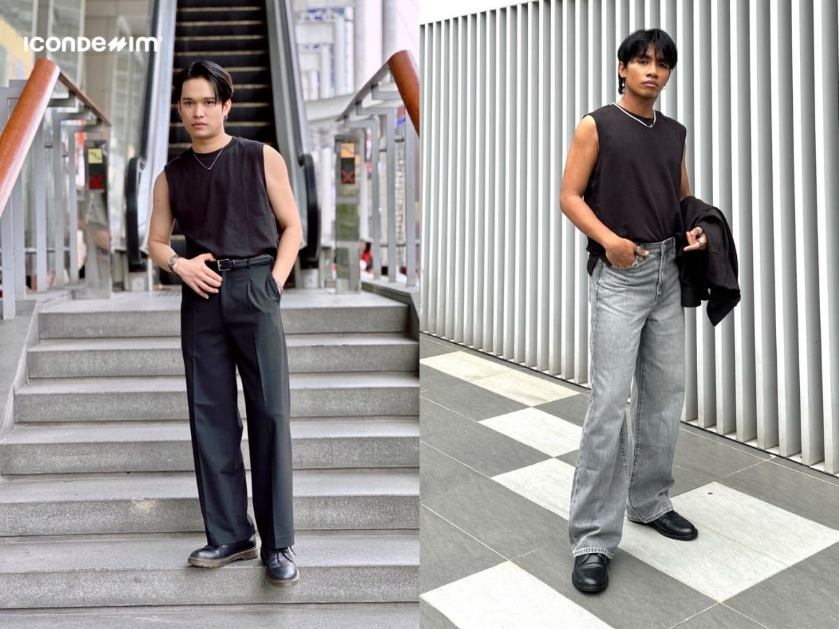 Phối quần ống rộng cùng áo tank top cho nam lùn