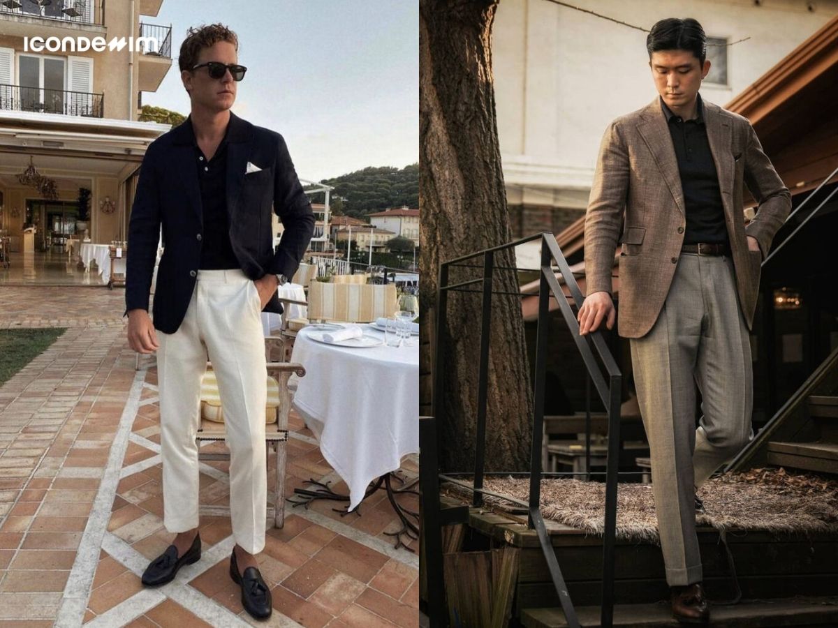 Phối áo polo đen và áo khoác blazer