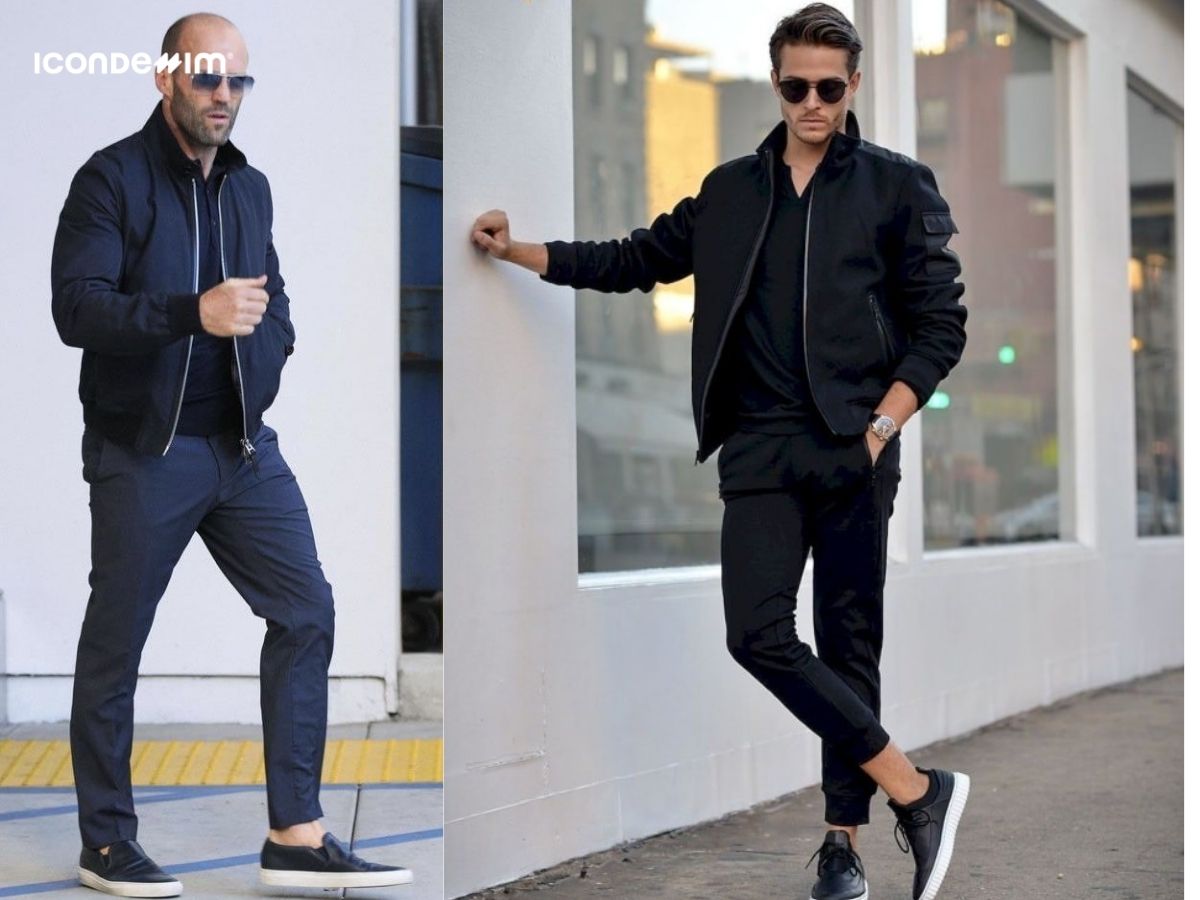 Phối áo polo đen và áo khoác bomber