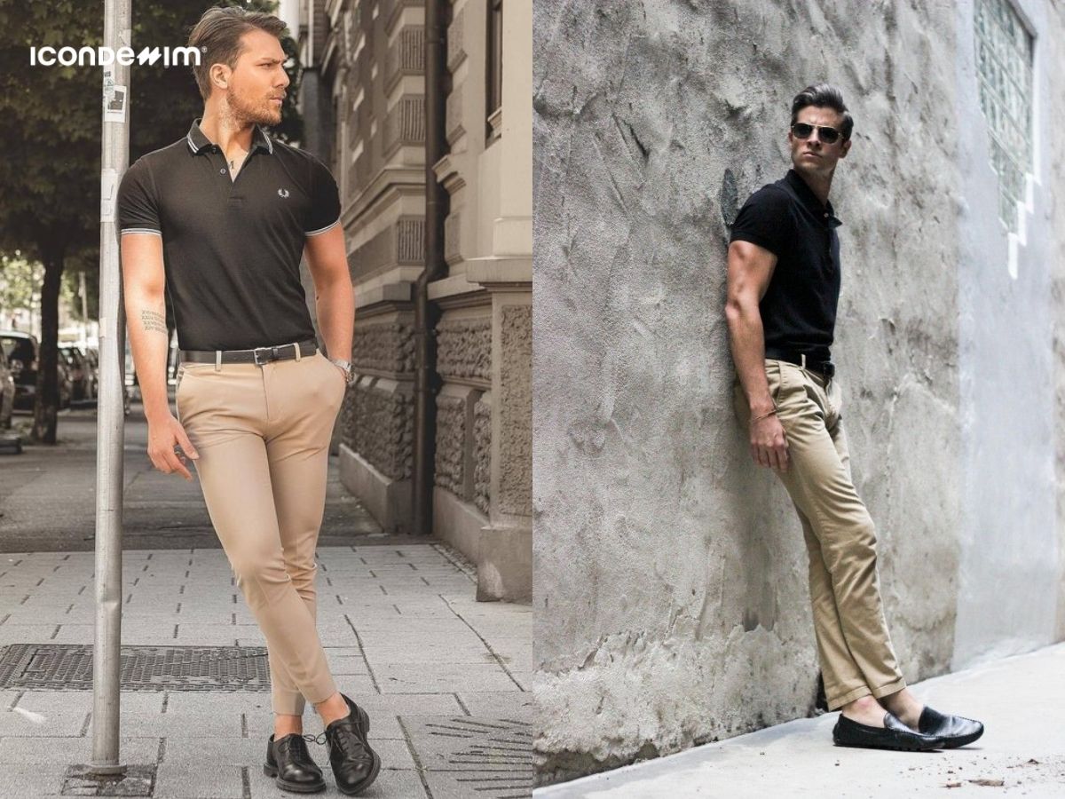 Phối áo polo đen và quần kaki