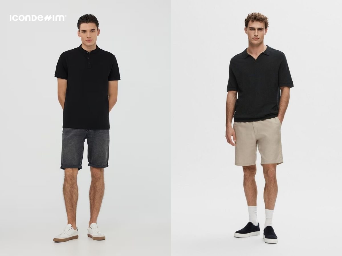 Phối đồ áo polo đen và quần short mang đến