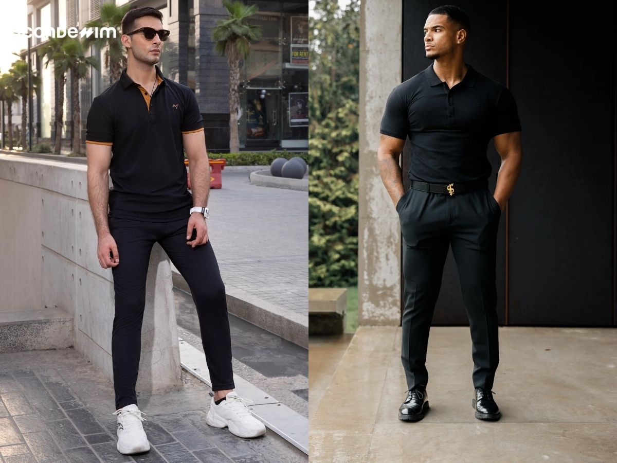 Phụ kiện và giày đi kèm với outfit áo polo đen