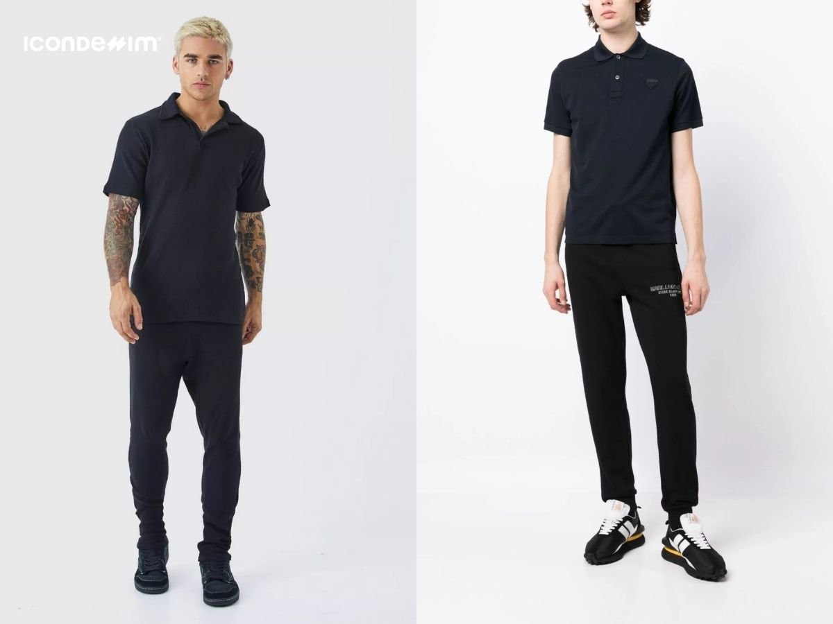 Áo polo đen, quần jogger và giày thể thao