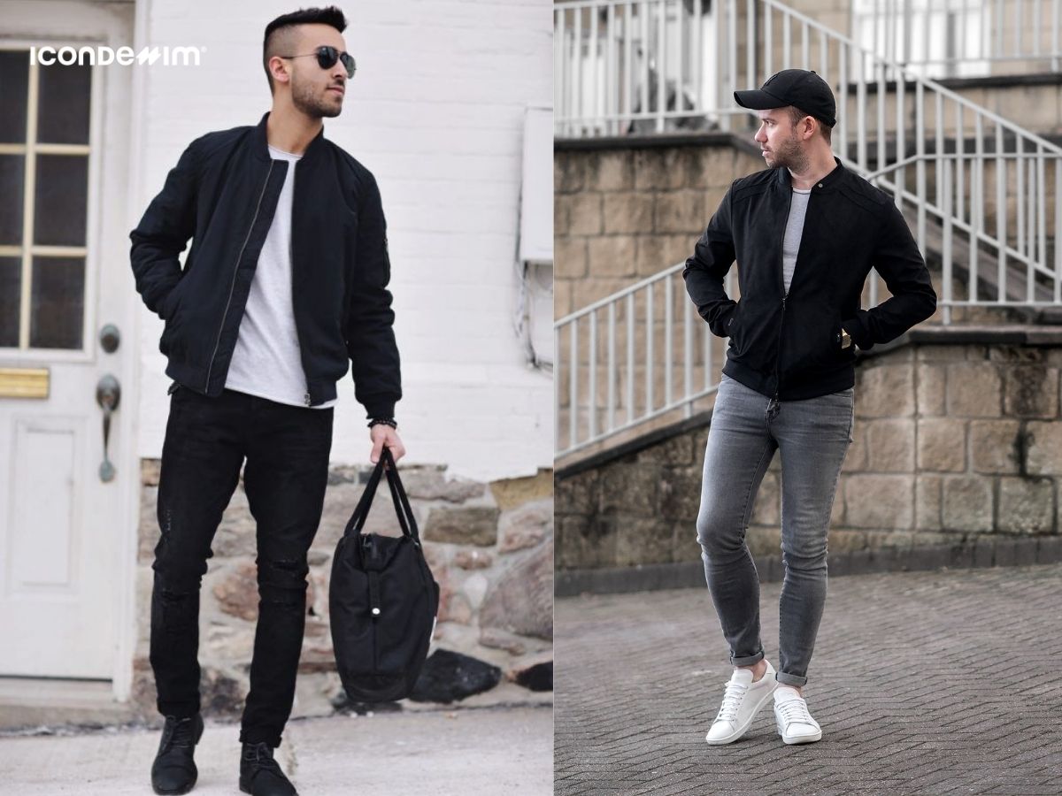Áo thun form rộng, quần jeans và áo khoác bomber
