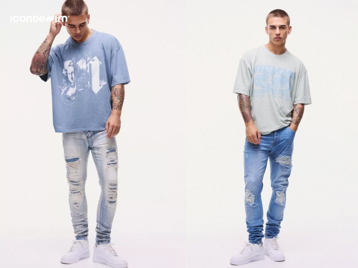 Style quần jeans rách với áo thun nam bụi bặm