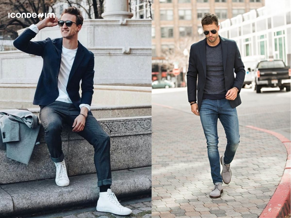 Phối áo thun trơn, quần jeans slim-fit và áo blazer