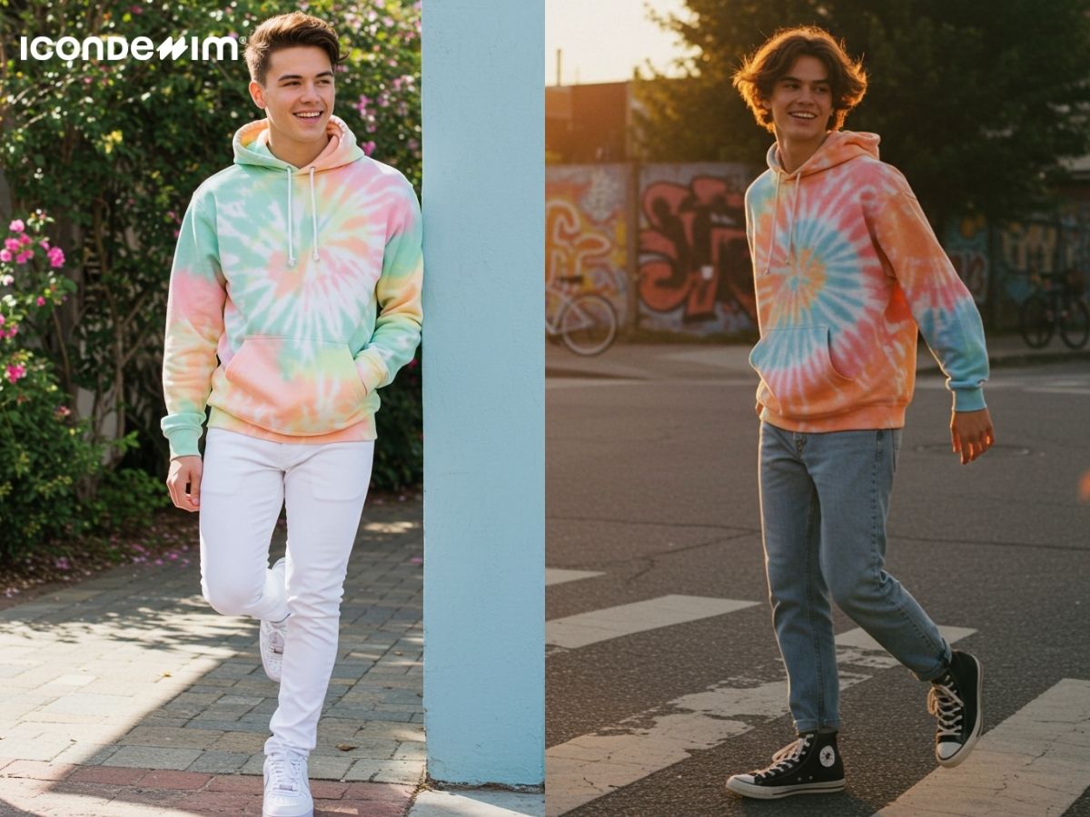 Phối đồ streetwear áo hoodie loang màu và quần jean