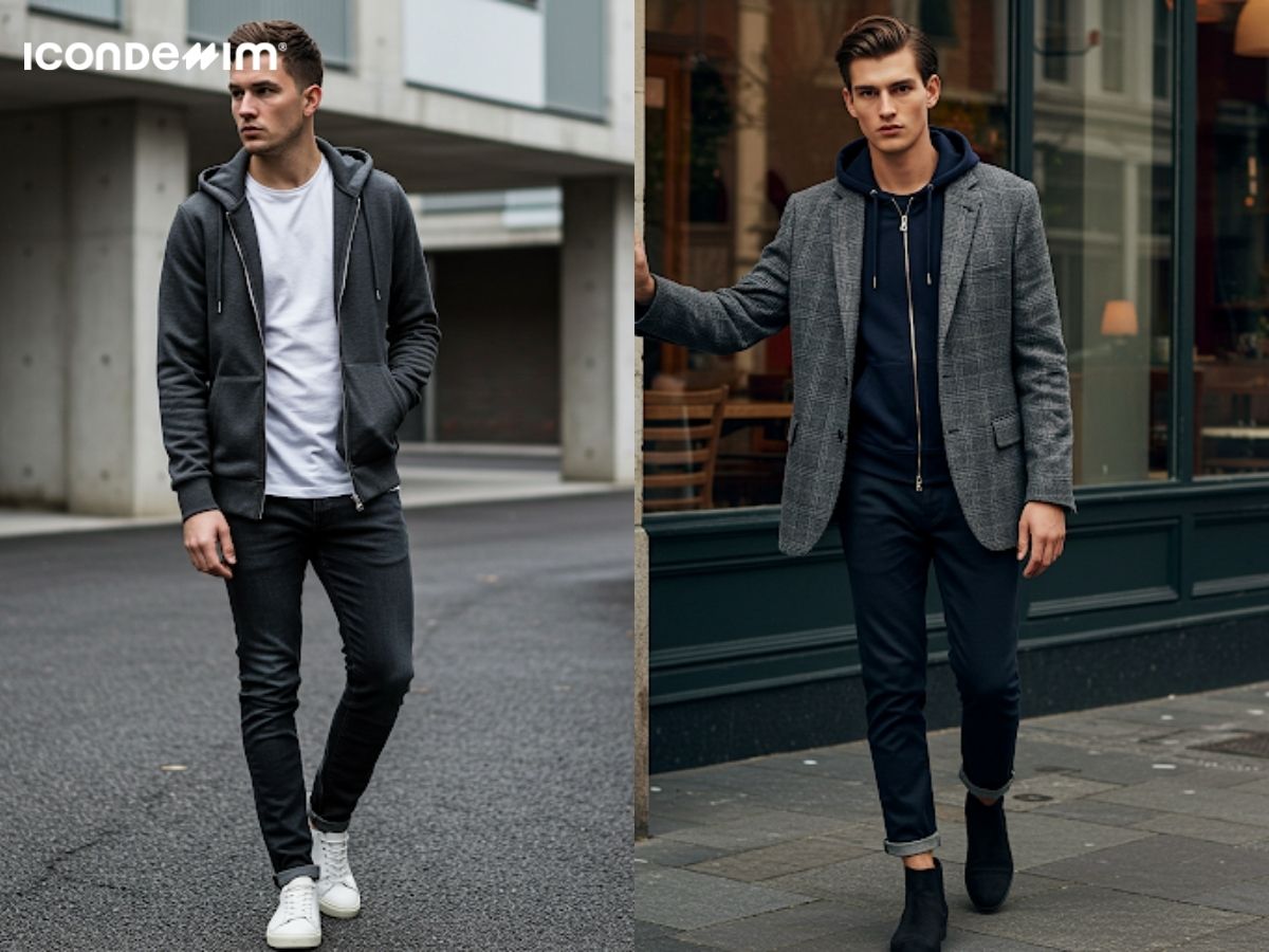 Mix áo hoodie zip với quần jean tối màu